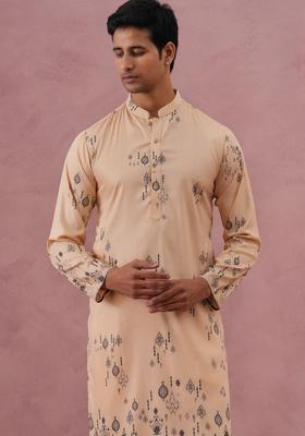 Peach Printed Silk Kurta Set For Men