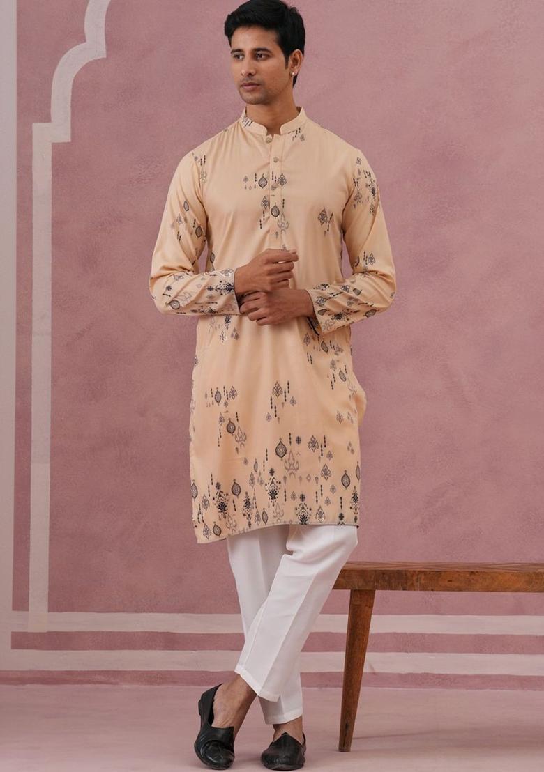 Peach Printed Silk Kurta Set For Men - Indya