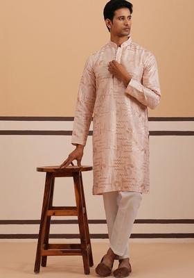 Pink Woven Design Silk Kurta Set For Men