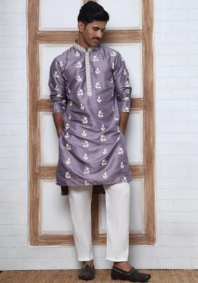 Purple Embroidered Silk Kurta Set For Men