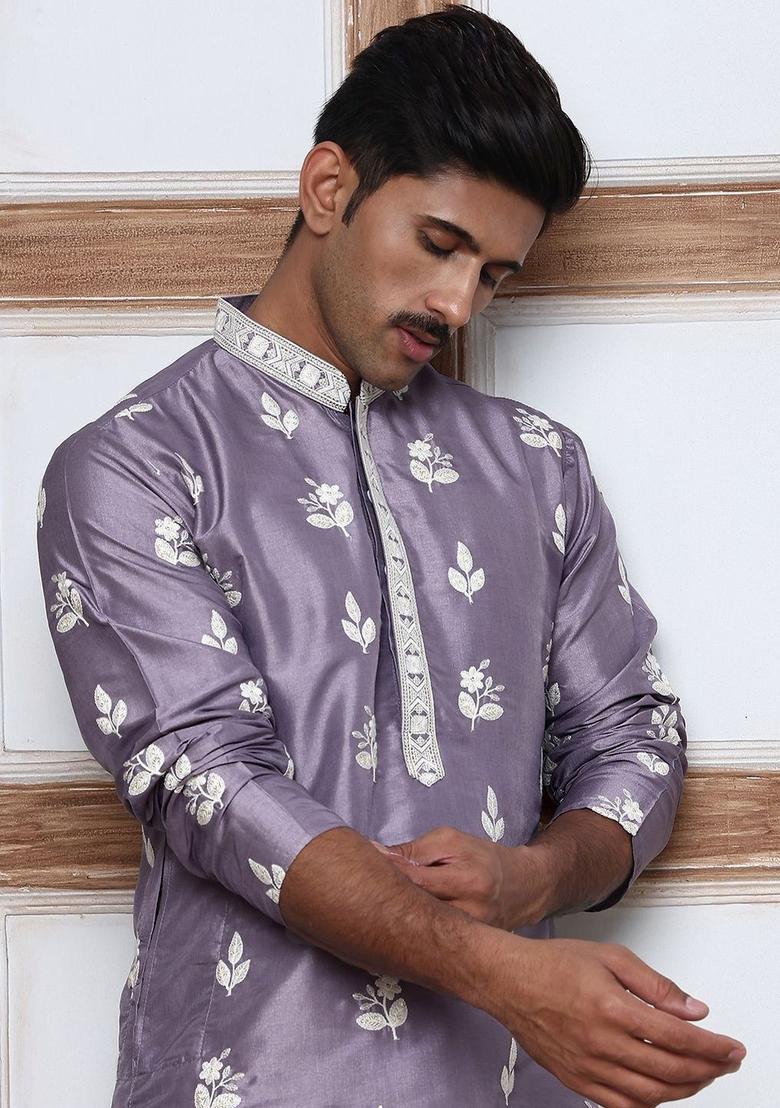 Purple Embroidered Silk Kurta Set For Men - Indya