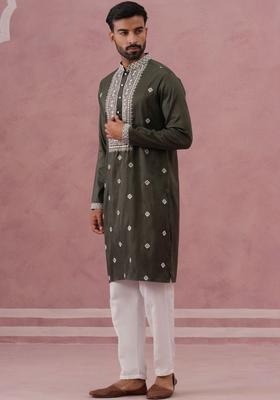 Olive Embroidered Silk Kurta Set For Men