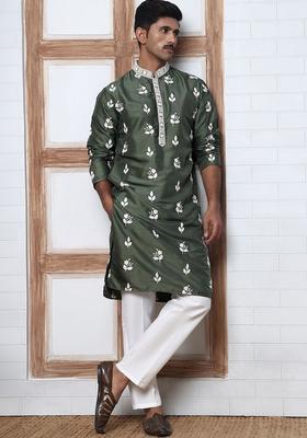 Olive Embroidered Silk Kurta Set For Men