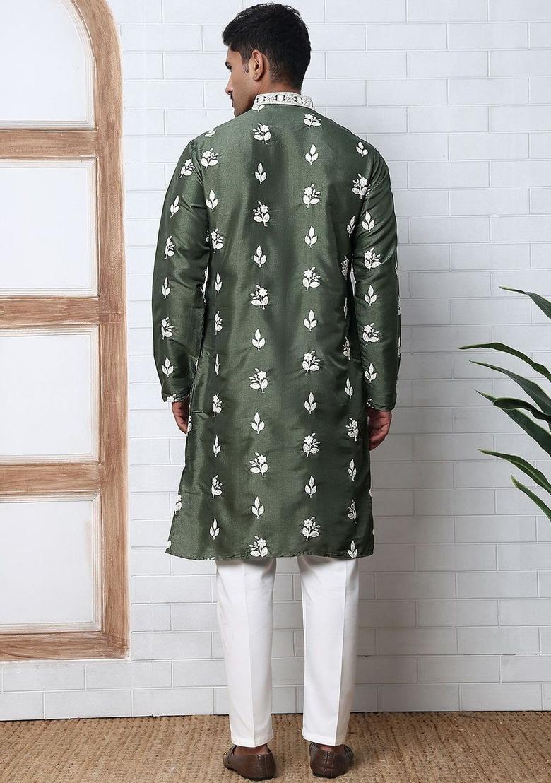 Olive Embroidered Silk Kurta Set For Men - Indya