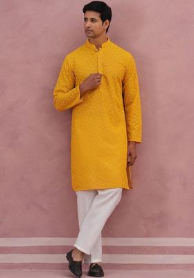 Yellow Self Design Cotton Kurta Set For Men