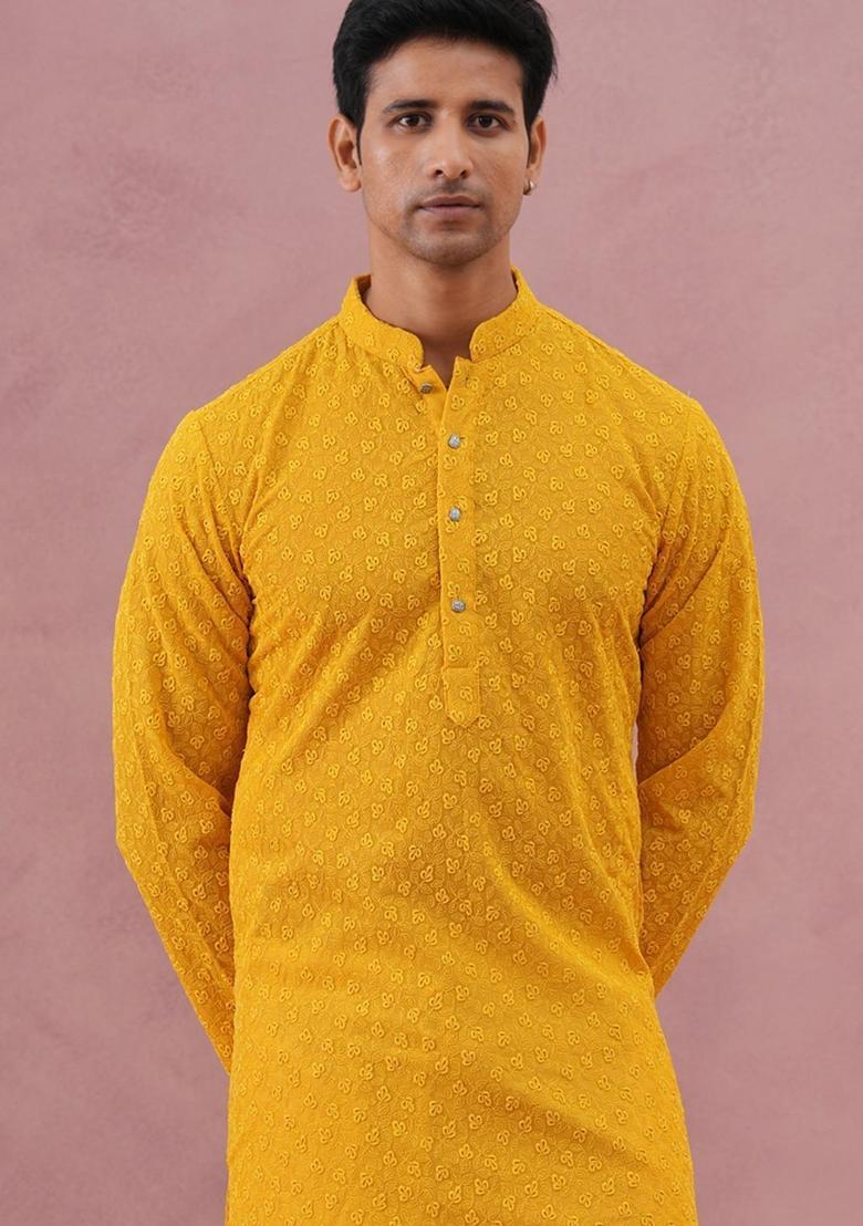 Yellow Self Design Cotton Kurta Set For Men - Indya