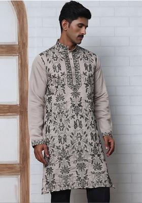 Beige Embroidered Silk Kurta Set For Men