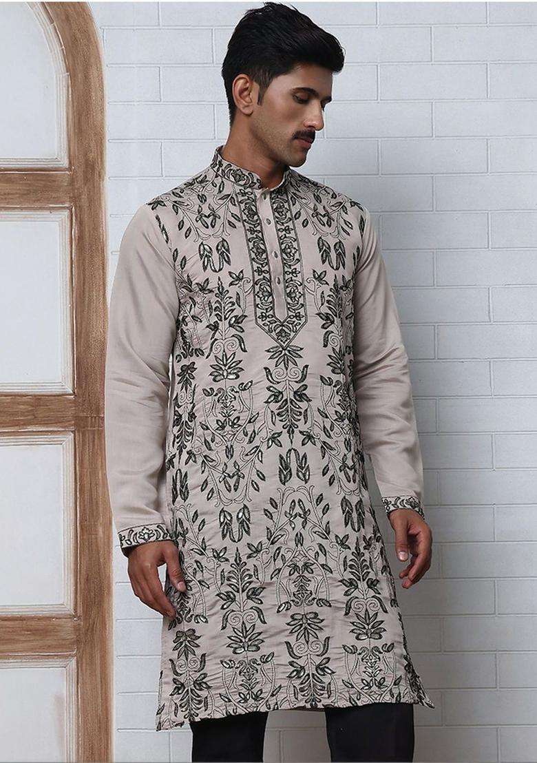 Beige Embroidered Silk Kurta Set For Men - Indya