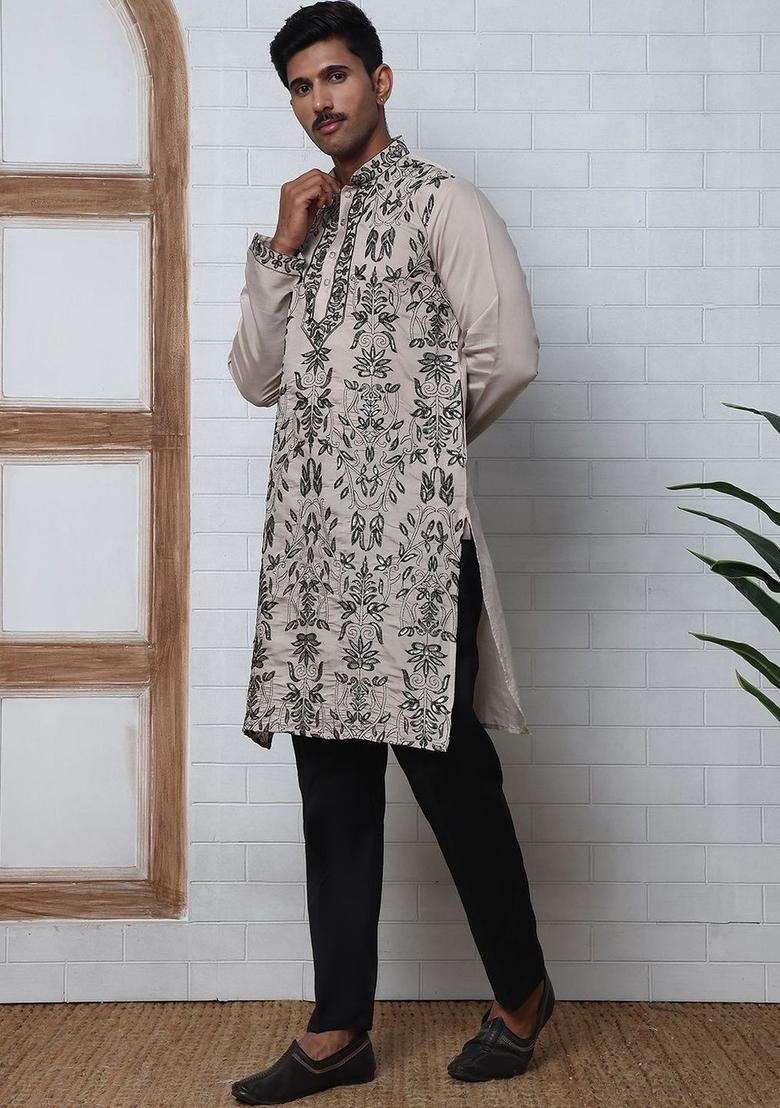 Beige Embroidered Silk Kurta Set For Men - Indya