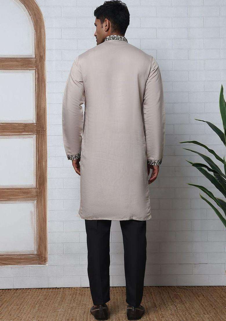 Beige Embroidered Silk Kurta Set For Men - Indya