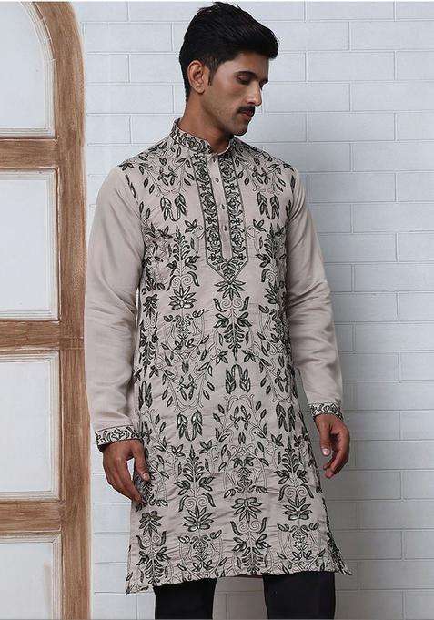 Beige Embroidered Silk Kurta Set For Men