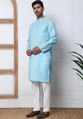 Blue Striped Cotton Kurta Set For Men