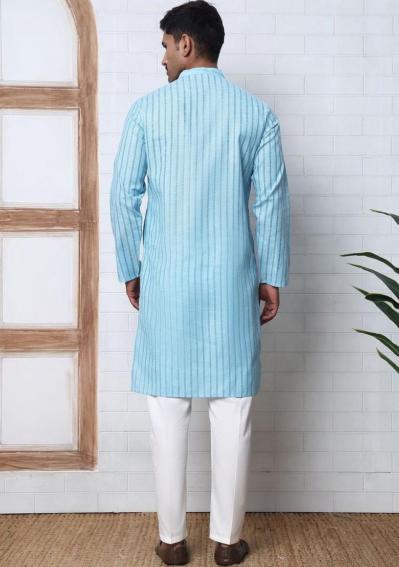 Blue Striped Cotton Kurta Set For Men - Indya