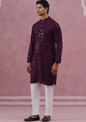 Purple Woven Design Viscose Kurta Set For Men