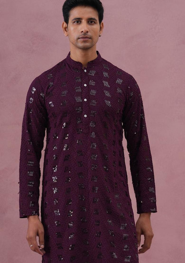Purple Woven Design Viscose Kurta Set For Men - Indya