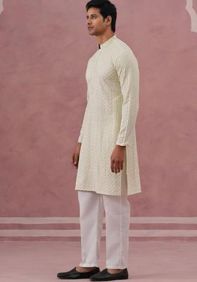 White Embroidered Viscose Kurta Set For Men