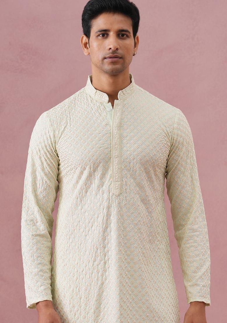 White Embroidered Viscose Kurta Set For Men - Indya