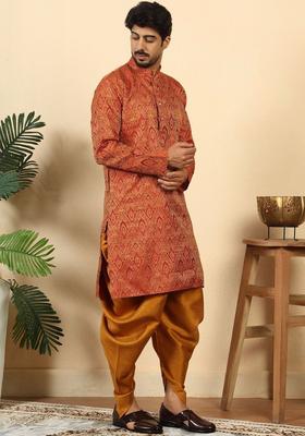 Red Woven Design Silk Kurta Set For Men