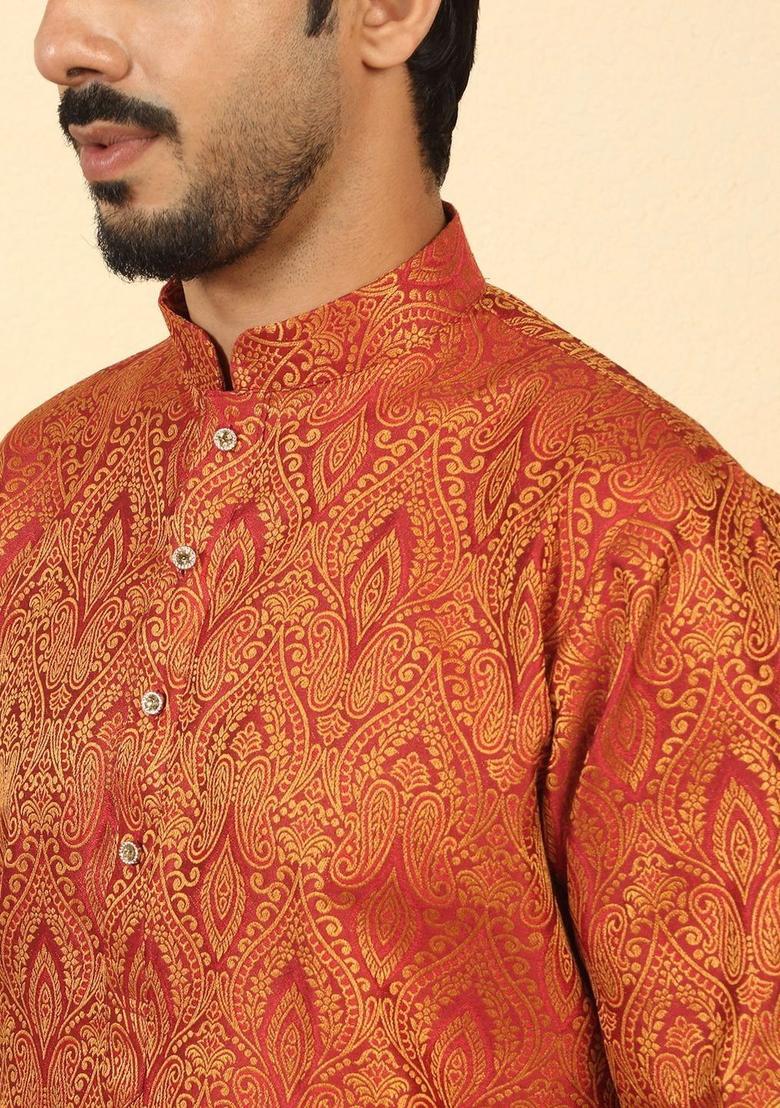 Red Woven Design Silk Kurta Set For Men - Indya