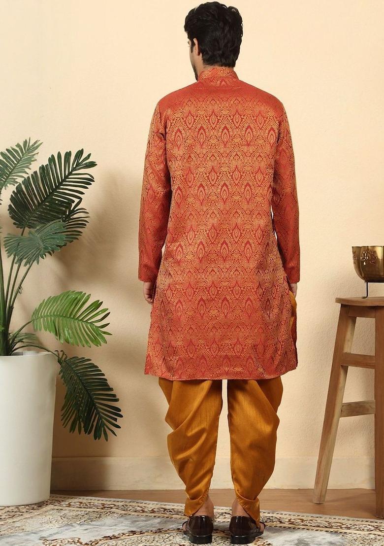 Red Woven Design Silk Kurta Set For Men - Indya