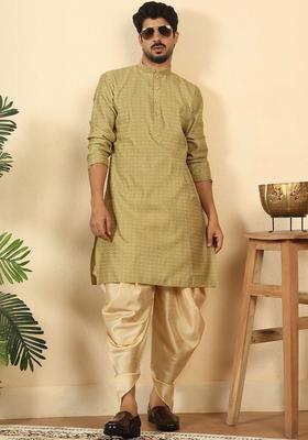 Olive Woven Design Silk Kurta Set For Men