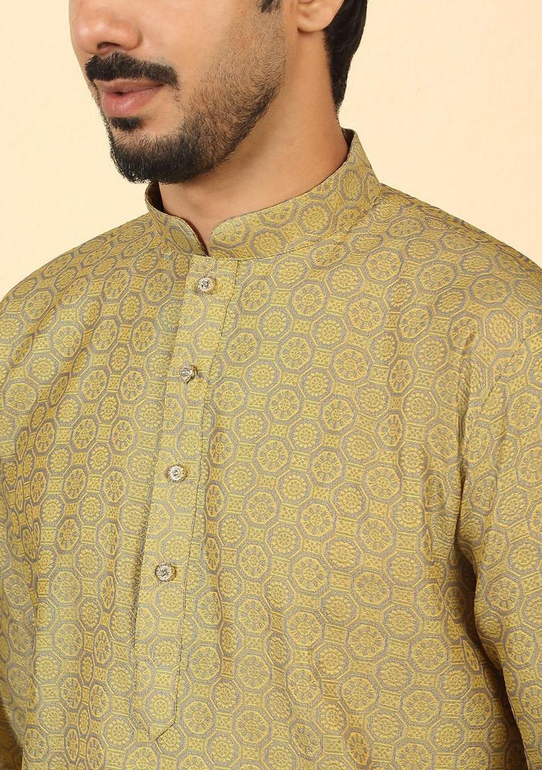 Olive Woven Design Silk Kurta Set For Men - Indya