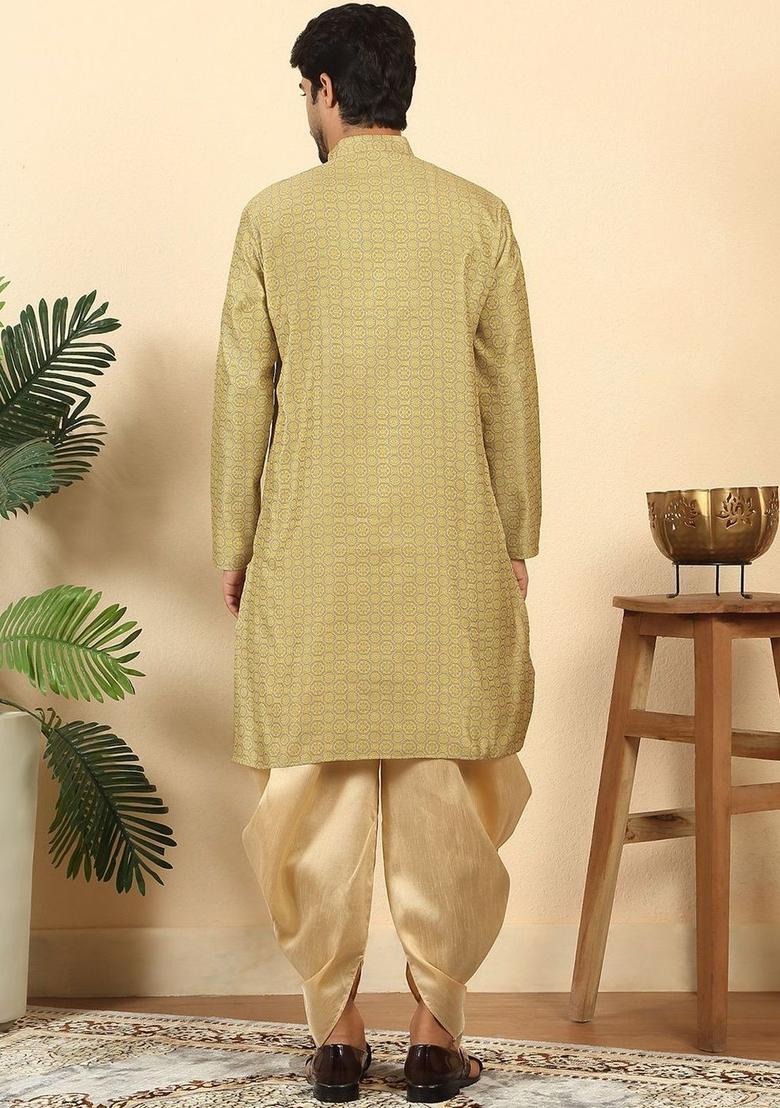 Olive Woven Design Silk Kurta Set For Men - Indya