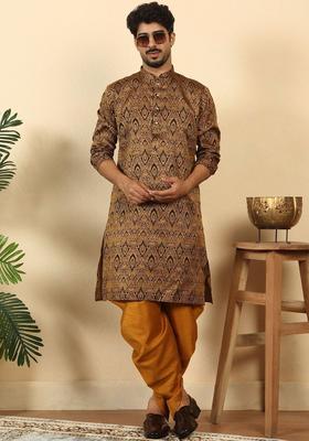 Brown Woven Design Silk Kurta Set For Men