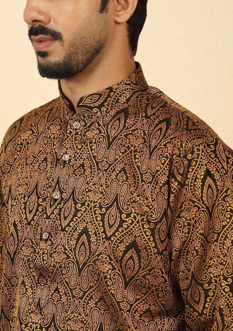 Brown Woven Design Silk Kurta Set For Men - Indya