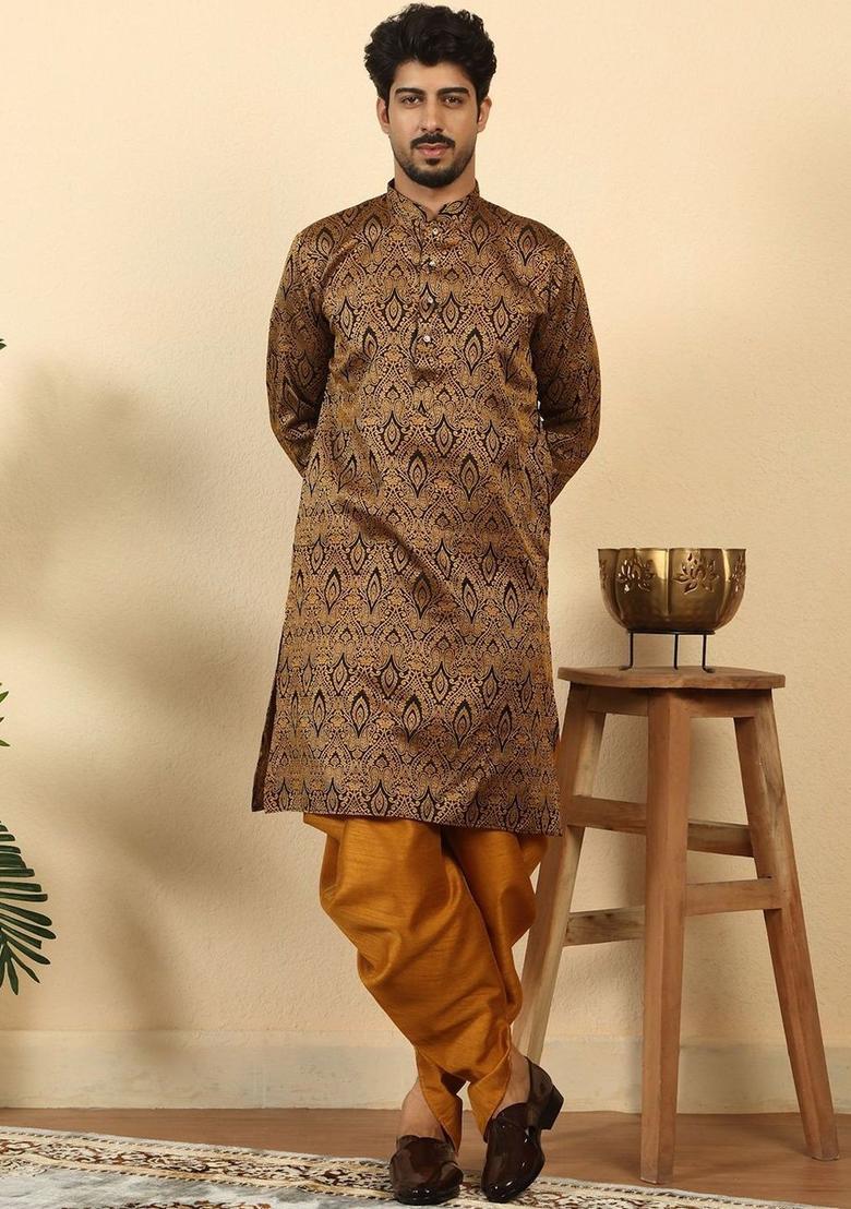 Brown Woven Design Silk Kurta Set For Men - Indya