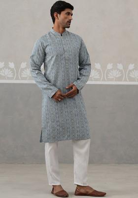 White Printed Silk Kurta Set For Men