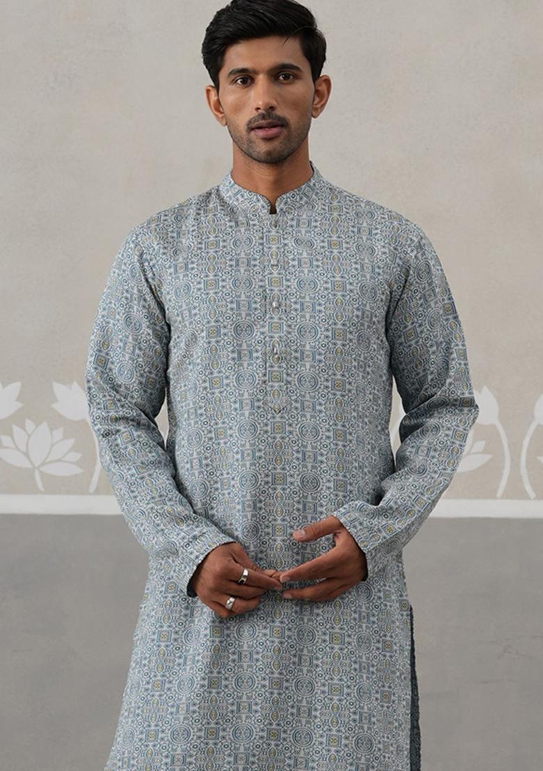 White Printed Silk Kurta Set For Men - Indya
