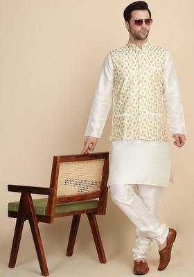 White Solid Silk Kurta Set For Men