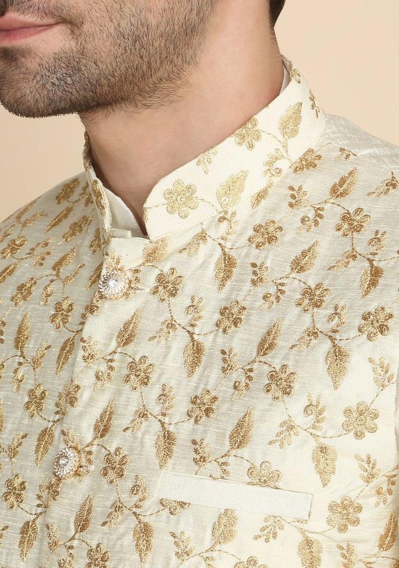 White Solid Silk Kurta Set For Men - Indya