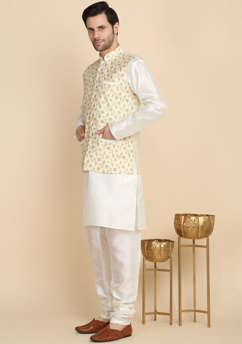 White Solid Silk Kurta Set For Men - Indya