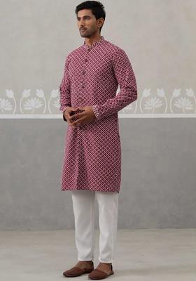 Maroon Embroidered Silk Kurta Set For Men