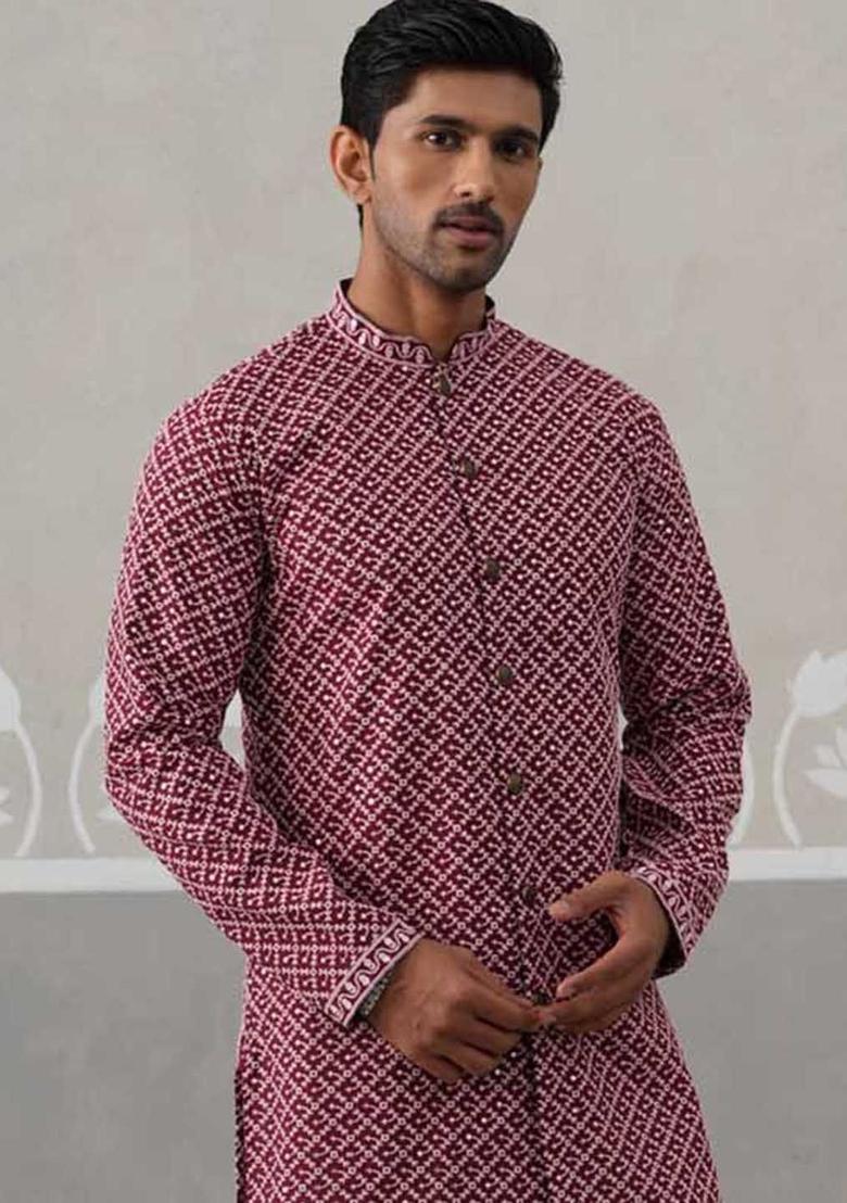 Maroon Embroidered Silk Kurta Set For Men - Indya