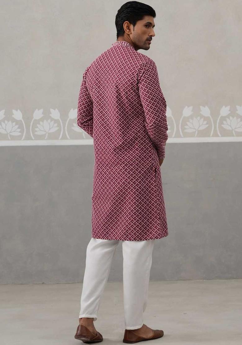 Maroon Embroidered Silk Kurta Set For Men - Indya