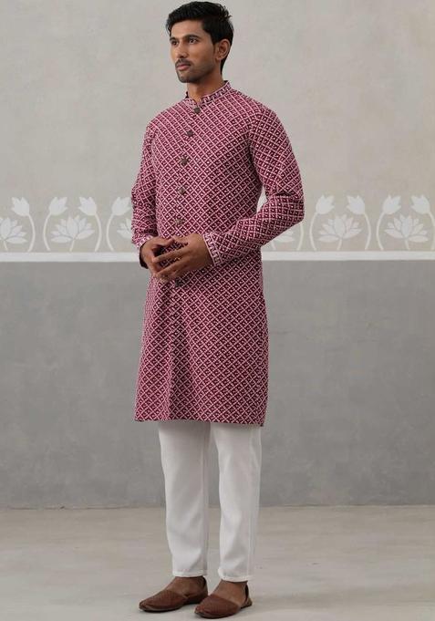 Maroon Embroidered Silk Kurta Set For Men