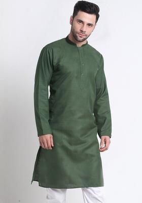 Olive Solid Cotton Kurta Set For Men