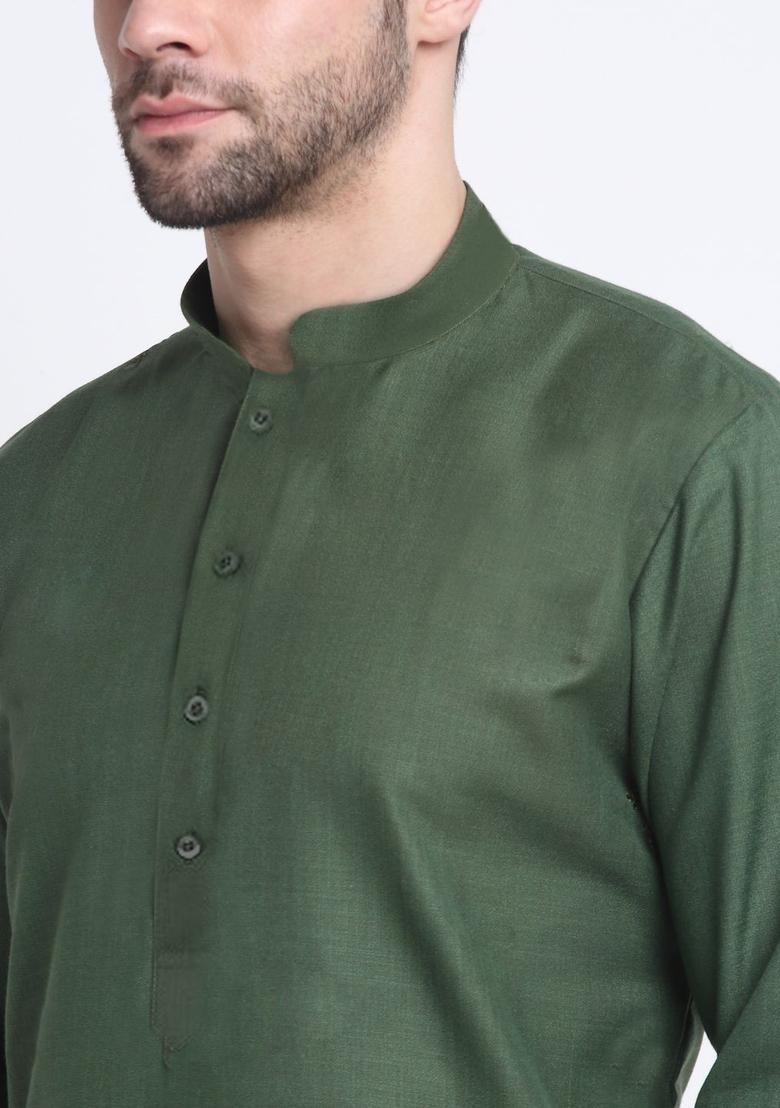 Olive Solid Cotton Kurta Set For Men - Indya