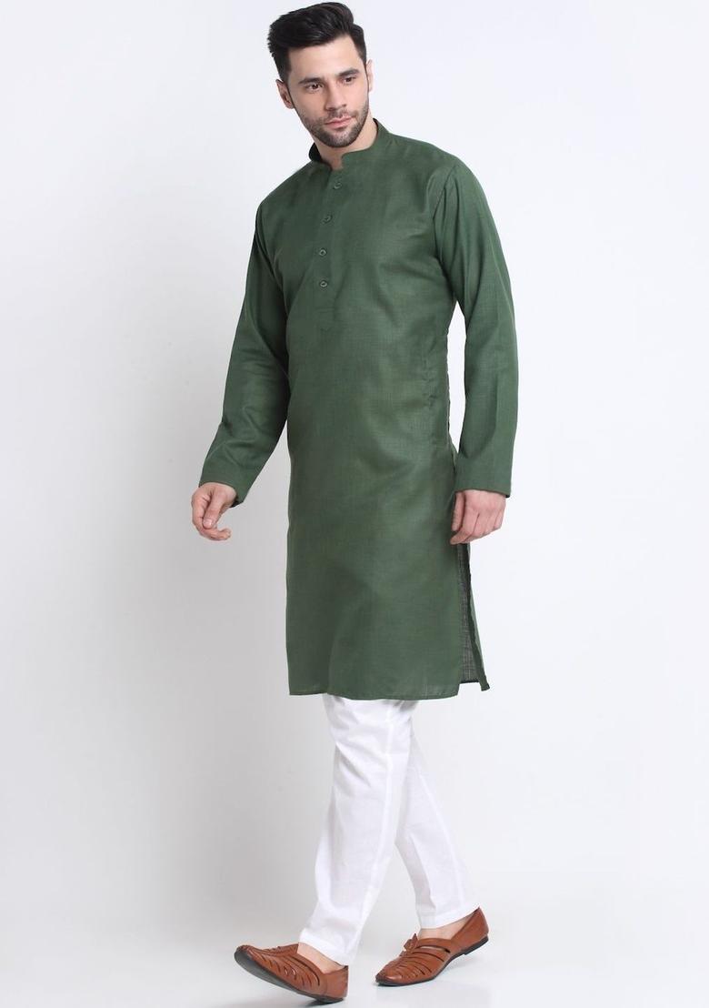 Olive Solid Cotton Kurta Set For Men - Indya
