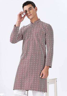 Red Embroidered Cotton Kurta Set For Men