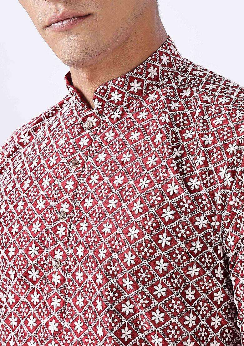 Red Embroidered Cotton Kurta Set For Men - Indya