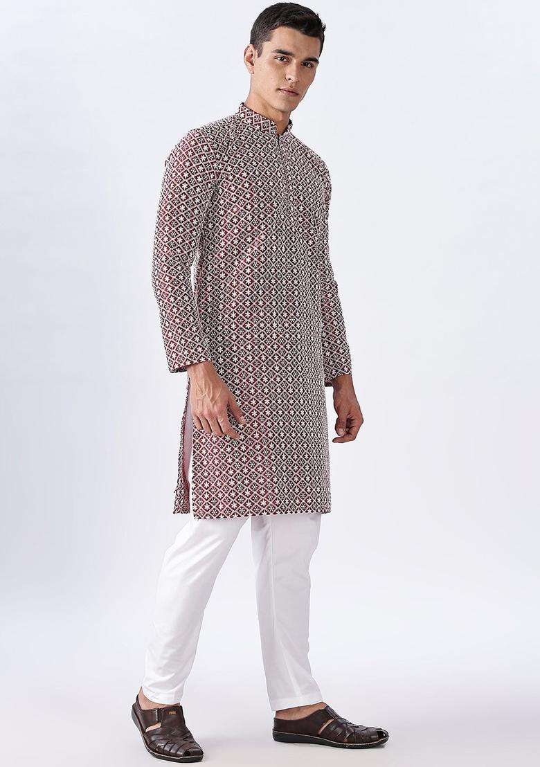 Red Embroidered Cotton Kurta Set For Men - Indya