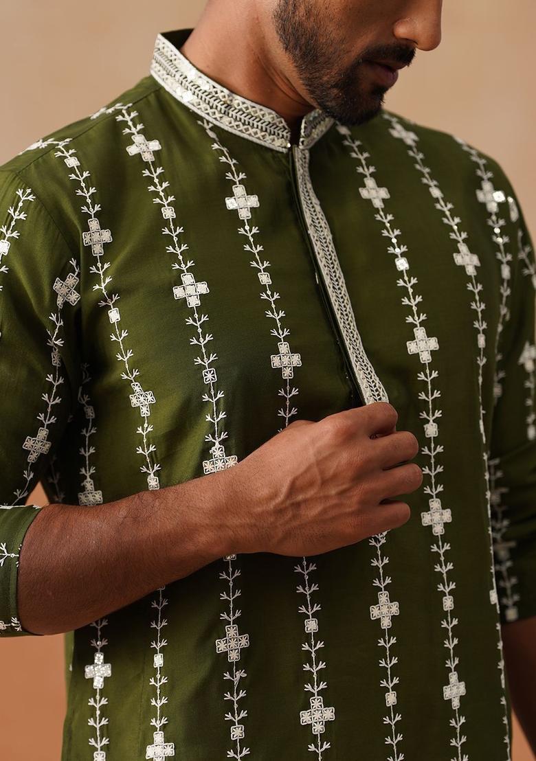 Olive Embroidered Silk Kurta Set For Men - Indya