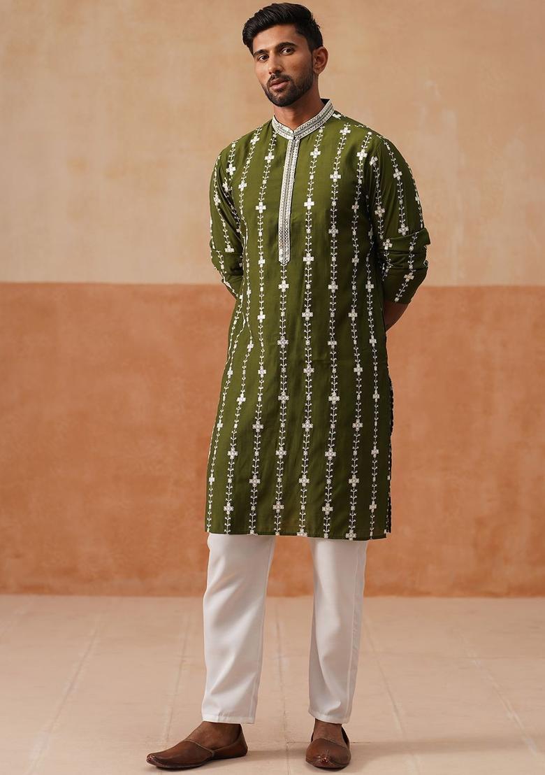 Olive Embroidered Silk Kurta Set For Men - Indya
