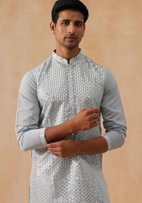 Grey Embroidered Silk Kurta Set For Men