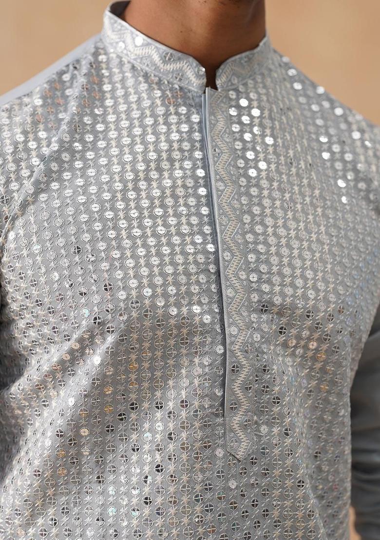 Grey Embroidered Silk Kurta Set For Men - Indya
