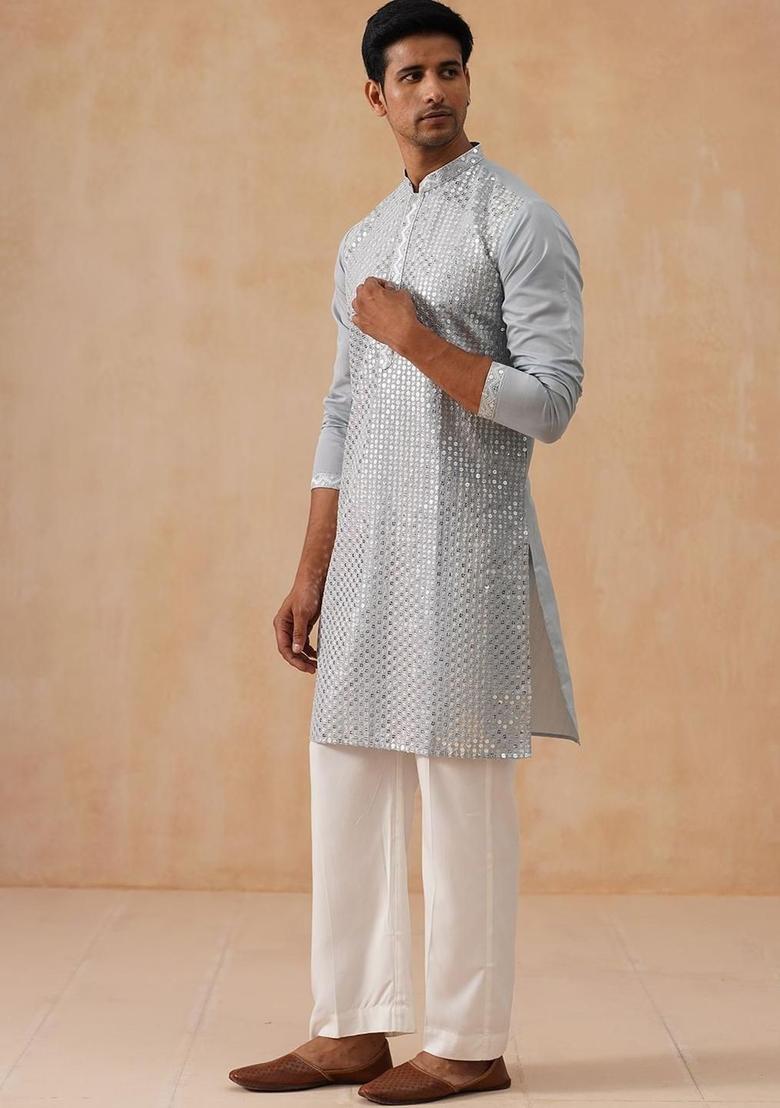 Grey Embroidered Silk Kurta Set For Men - Indya